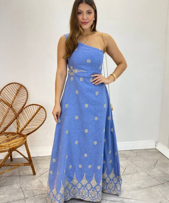 Vestido Longo Nula Manga com Amarração Atrás Jeans Bordado - Fernanda Ramos Store