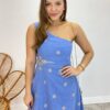 Vestido Longo Nula Manga com Amarração Atrás Jeans Bordado - Fernanda Ramos Store