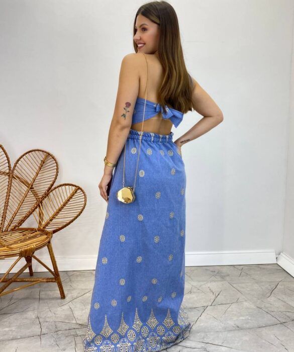 Vestido Longo Nula Manga com Amarração Atrás Jeans Bordado - Fernanda Ramos Store