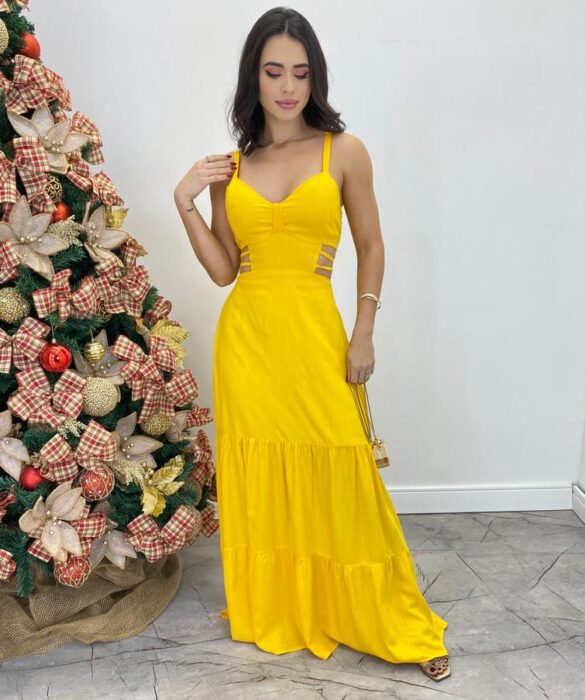 Vestido Longo Raquel com Alça Regulável e Bojo Amarelo - Fernanda Ramos Store