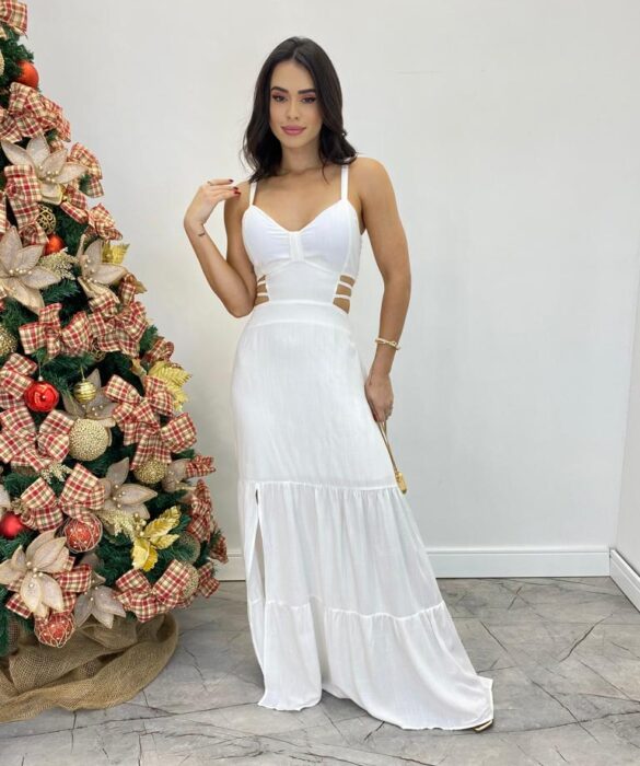 Vestido Longo Raquel com Alça Regulável e Bojo Branco - Fernanda Ramos Store