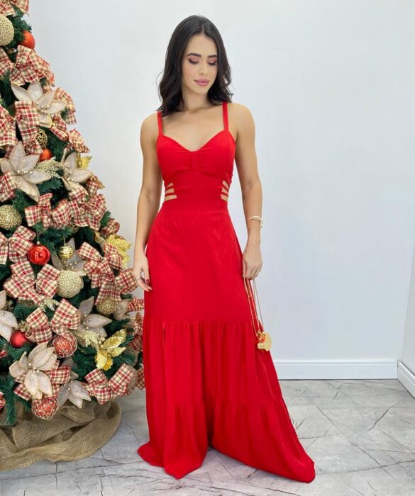 Vestido Longo Raquel com Alça Regulável e Bojo Vermelho - Fernanda Ramos Store