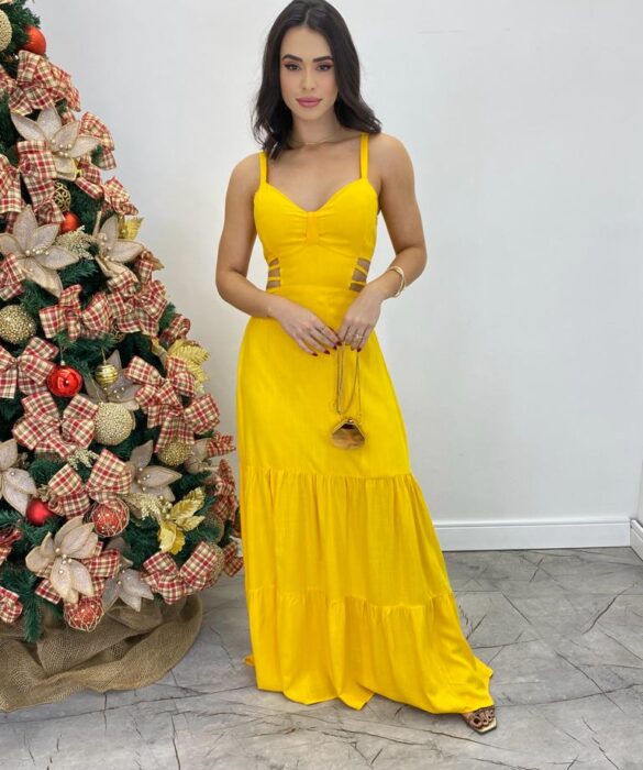 Vestido Longo Raquel com Alça Regulável e Bojo Amarelo - Fernanda Ramos Store