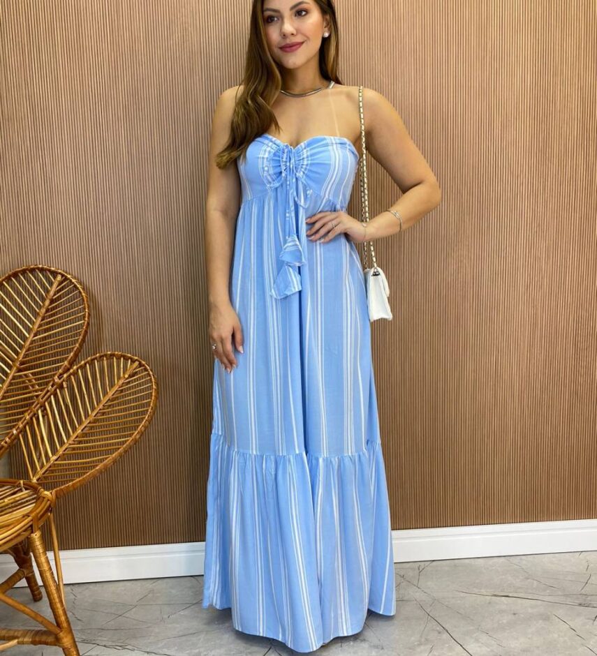 Vestido Longo sem Bojo com Amarração no Pescoço Listrado Azul - Fernanda Ramos Store