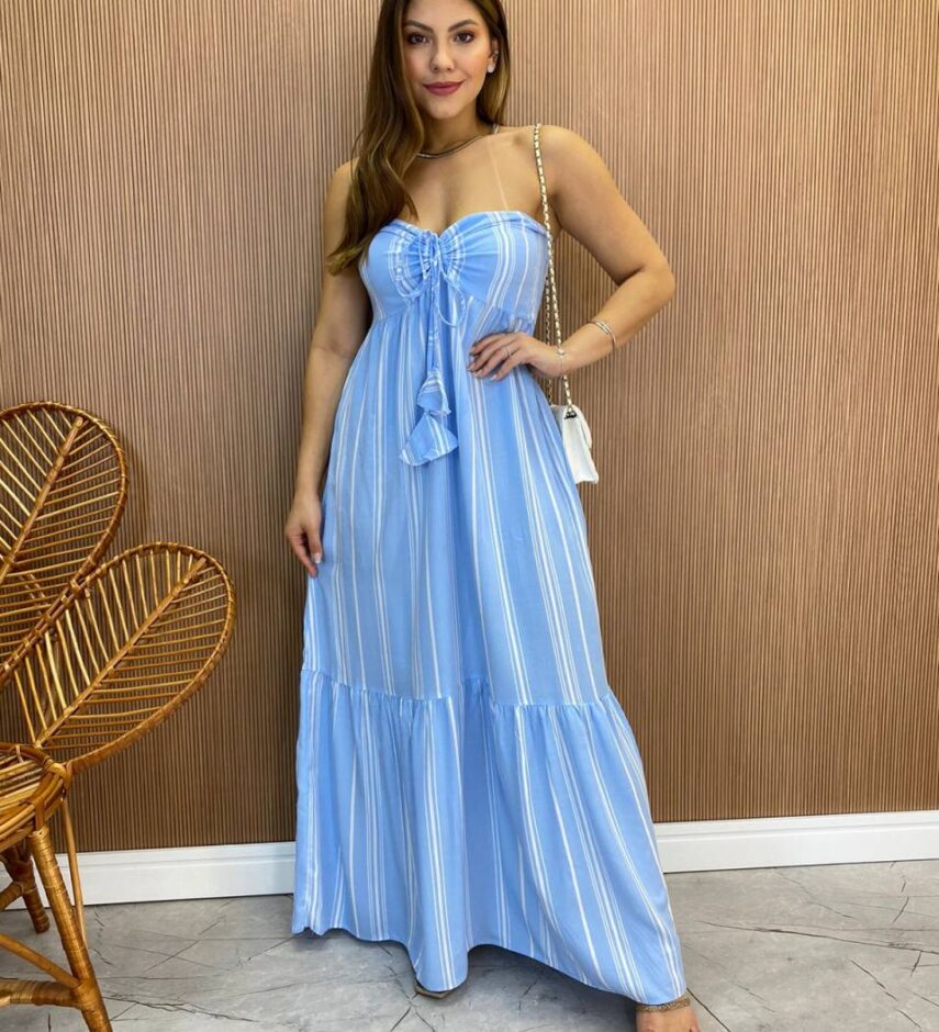 Vestido Longo sem Bojo com Amarração no Pescoço Listrado Azul - Fernanda Ramos Store