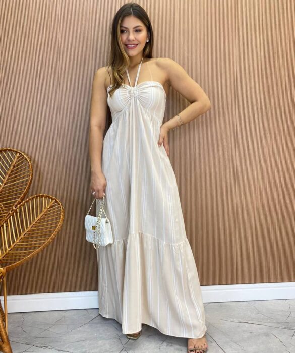 Vestido Longo sem Bojo com Amarração no Pescoço Listrado Bege - Fernanda Ramos Store