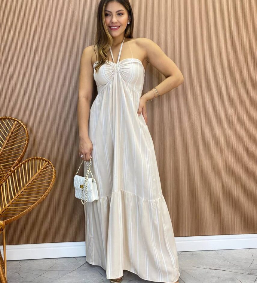 Vestido Longo sem Bojo com Amarração no Pescoço Listrado Bege - Fernanda Ramos Store