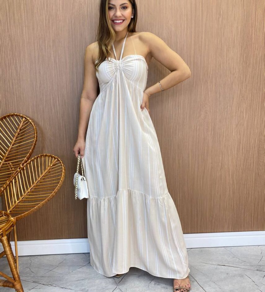 Vestido Longo sem Bojo com Amarração no Pescoço Listrado Bege - Fernanda Ramos Store