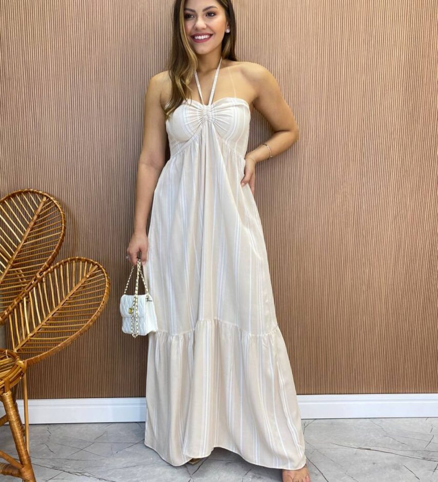 Vestido Longo sem Bojo com Amarração no Pescoço Listrado Bege - Fernanda Ramos Store