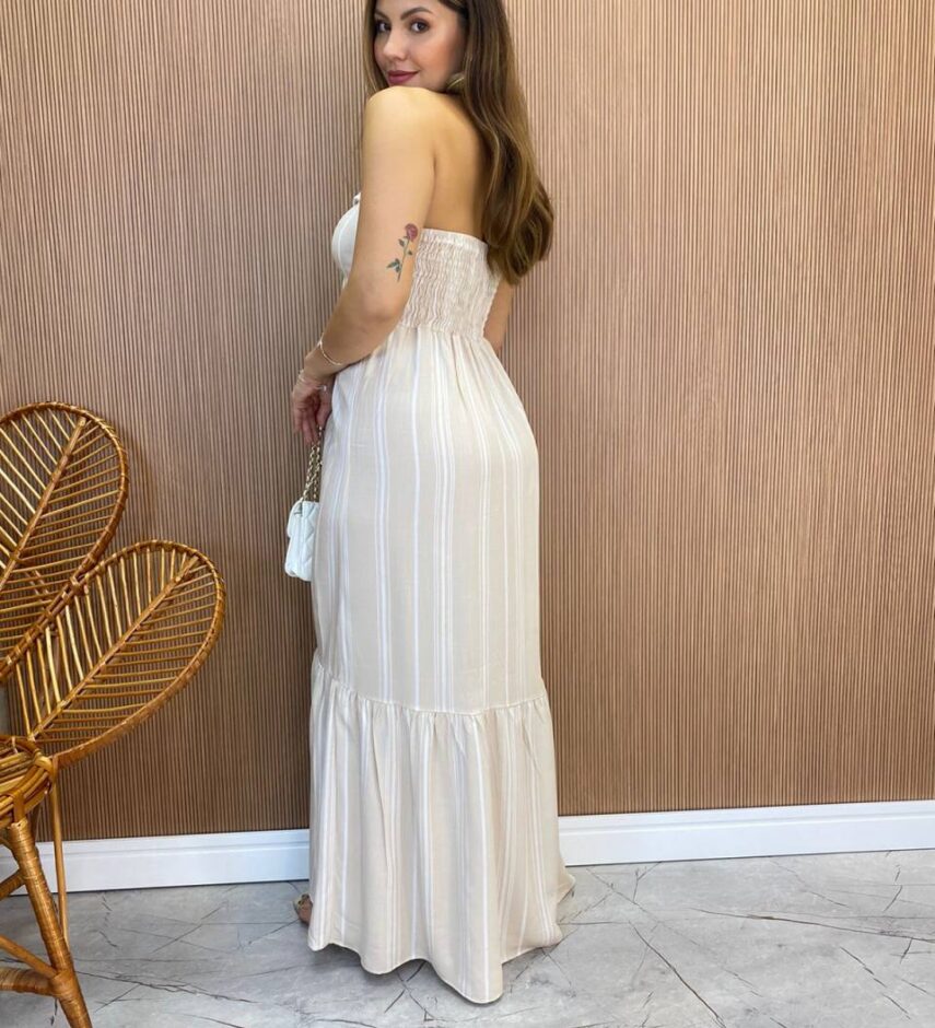 Vestido Longo sem Bojo com Amarração no Pescoço Listrado Bege - Fernanda Ramos Store