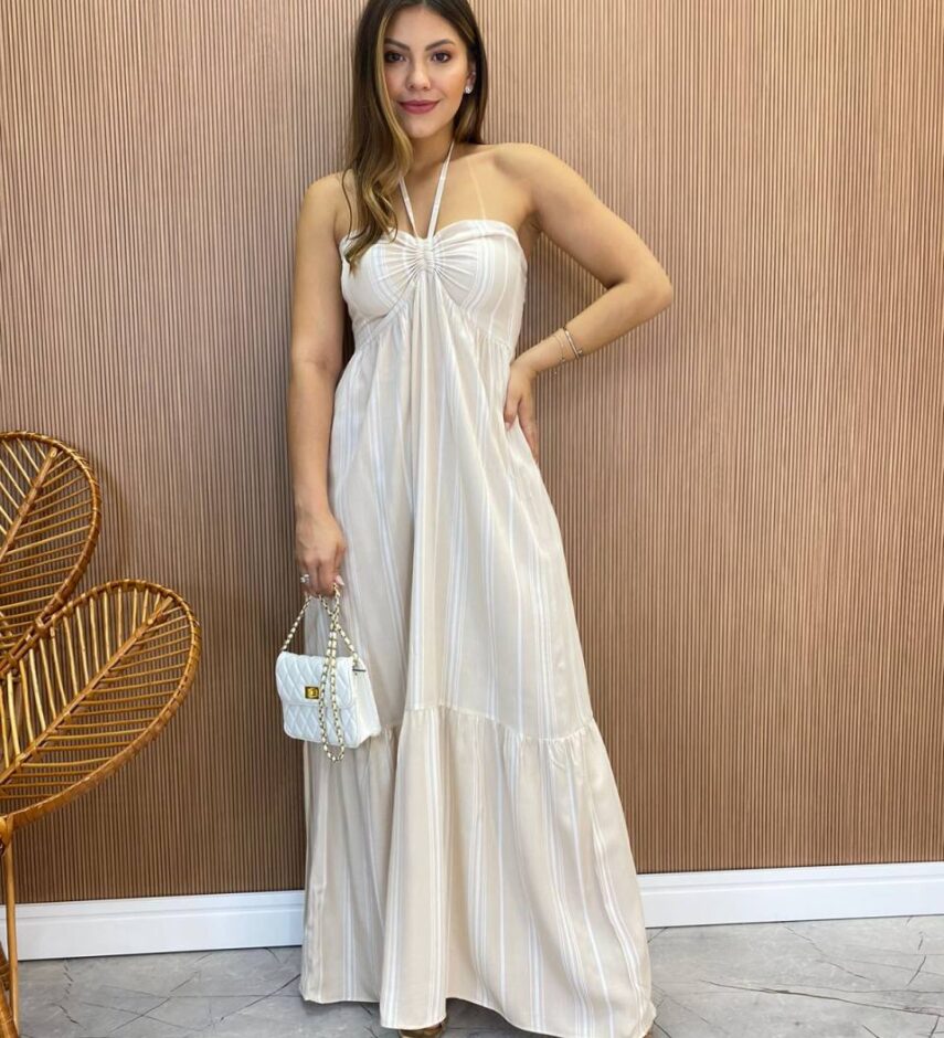 Vestido Longo sem Bojo com Amarração no Pescoço Listrado Bege - Fernanda Ramos Store