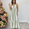 Vestido Longo sem Bojo com Amarração no Pescoço Listrado Verde - Fernanda Ramos Store