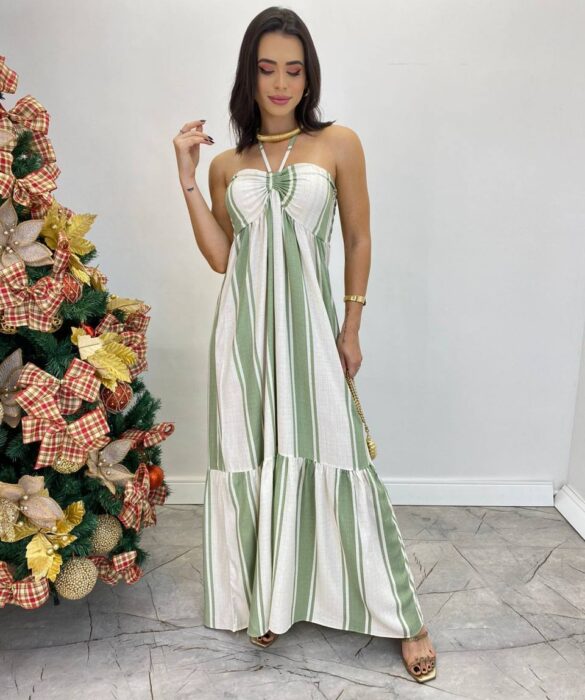 Vestido Longo sem Bojo com Amarração no Pescoço Listrado Verde - Fernanda Ramos Store