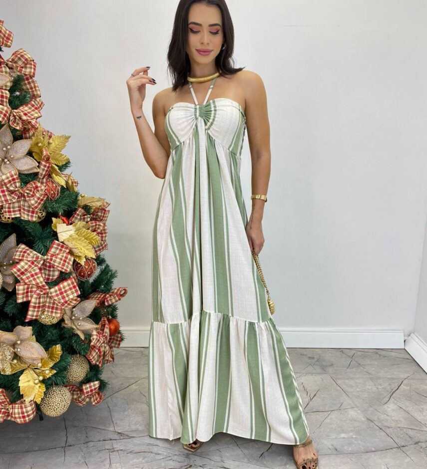 Vestido Longo sem Bojo com Amarração no Pescoço Listrado Verde - Fernanda Ramos Store