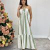 Vestido Longo sem Bojo com Amarração no Pescoço Listrado Verde - Fernanda Ramos Store