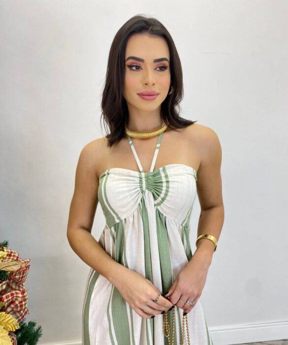 Vestido Longo sem Bojo com Amarração no Pescoço Listrado Verde - Fernanda Ramos Store