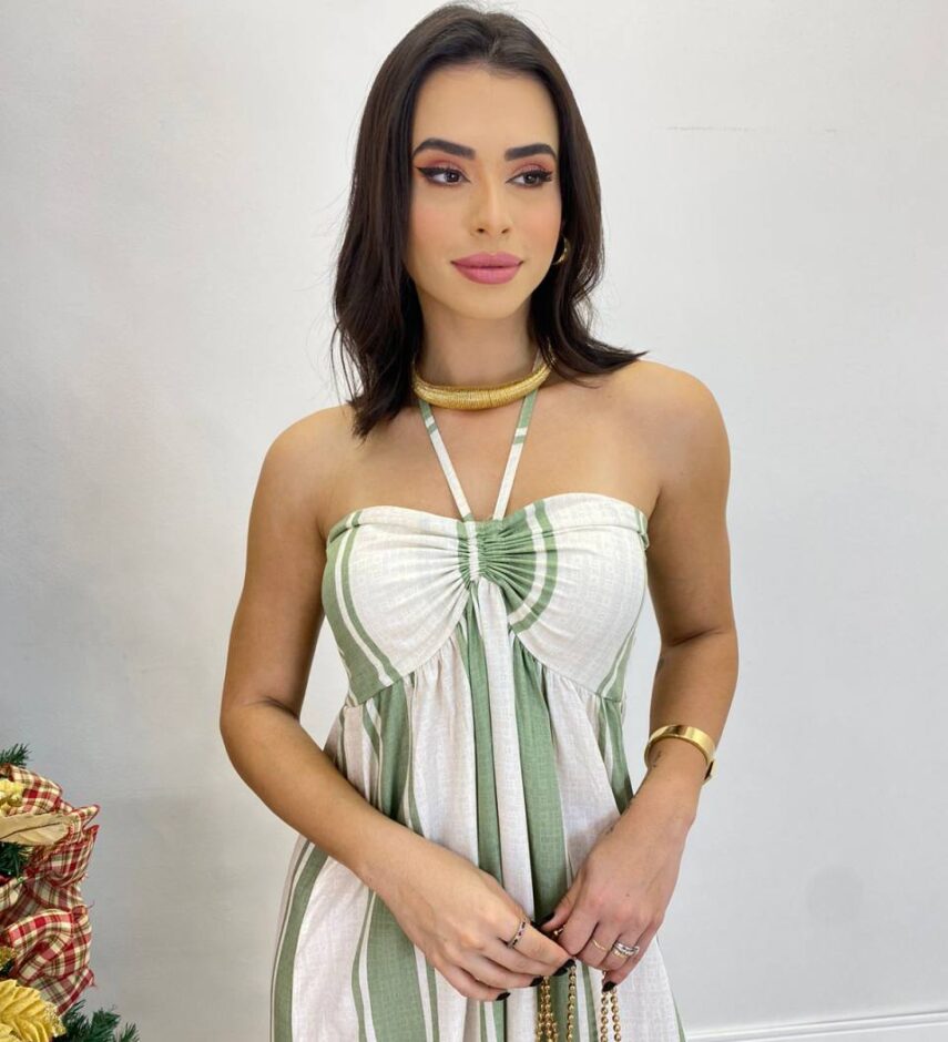 Vestido Longo sem Bojo com Amarração no Pescoço Listrado Verde - Fernanda Ramos Store