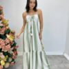 Vestido Longo sem Bojo com Amarração no Pescoço Listrado Verde - Fernanda Ramos Store