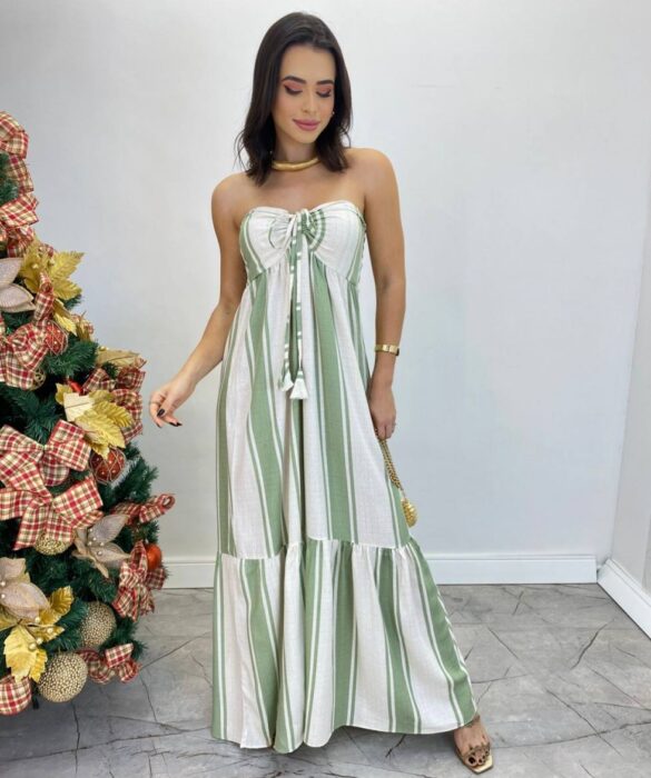 Vestido Longo sem Bojo com Amarração no Pescoço Listrado Verde - Fernanda Ramos Store