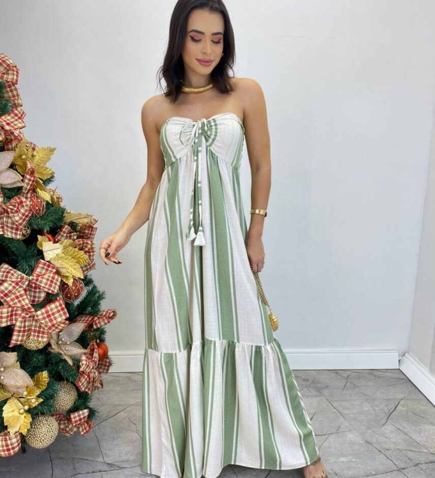 Vestido Longo sem Bojo com Amarração no Pescoço Listrado Verde - Fernanda Ramos Store