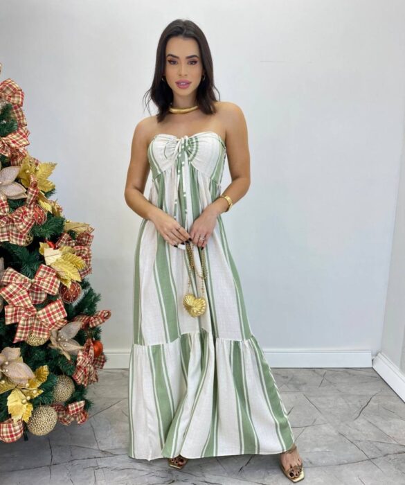 Vestido Longo sem Bojo com Amarração no Pescoço Listrado Verde - Fernanda Ramos Store