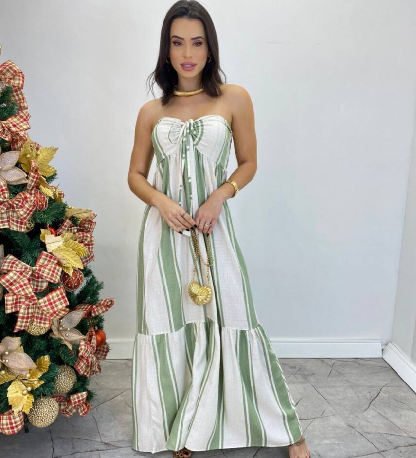 Vestido Longo sem Bojo com Amarração no Pescoço Listrado Verde - Fernanda Ramos Store