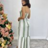 Vestido Longo sem Bojo com Amarração no Pescoço Listrado Verde - Fernanda Ramos Store