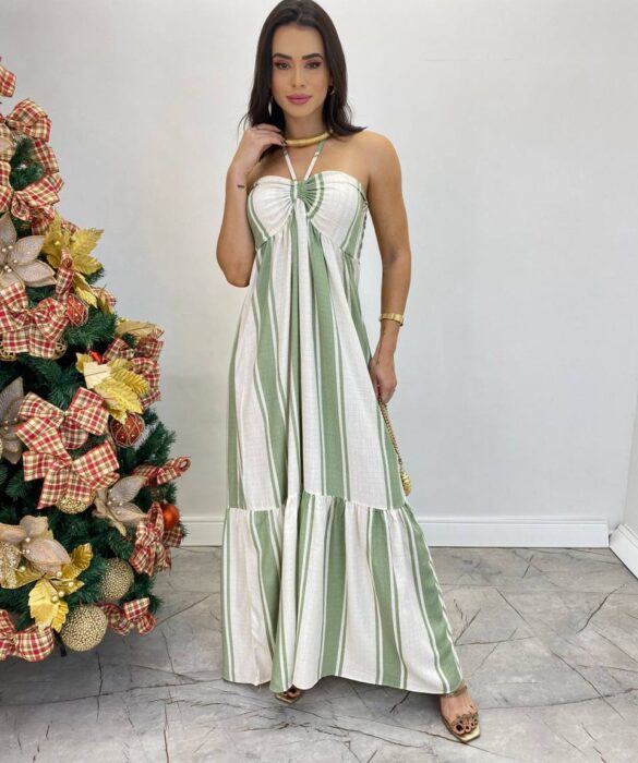 Vestido Longo sem Bojo com Amarração no Pescoço Listrado Verde - Fernanda Ramos Store