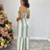 Vestido Longo sem Bojo com Amarração no Pescoço Listrado Verde - Fernanda Ramos Store