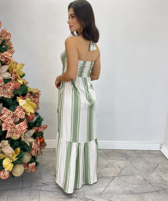 Vestido Longo sem Bojo com Amarração no Pescoço Listrado Verde - Fernanda Ramos Store