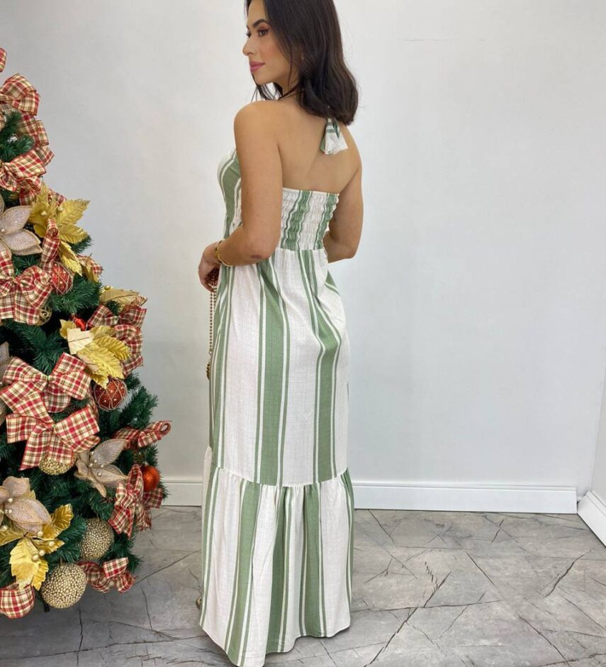 Vestido Longo sem Bojo com Amarração no Pescoço Listrado Verde - Fernanda Ramos Store