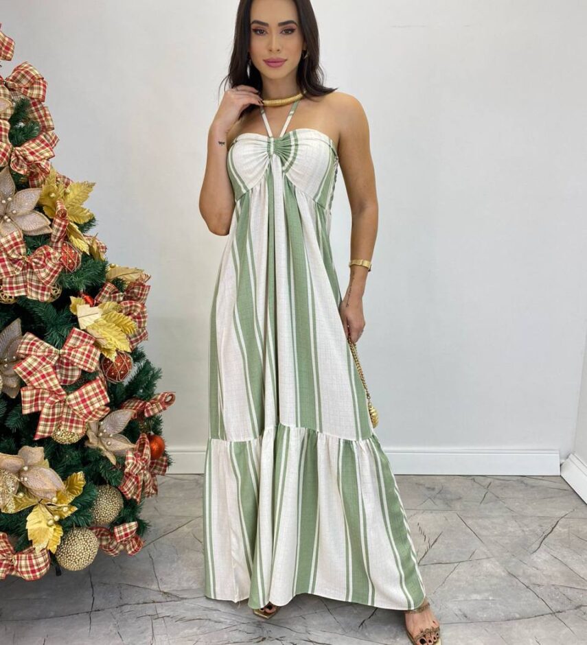 Vestido Longo sem Bojo com Amarração no Pescoço Listrado Verde - Fernanda Ramos Store