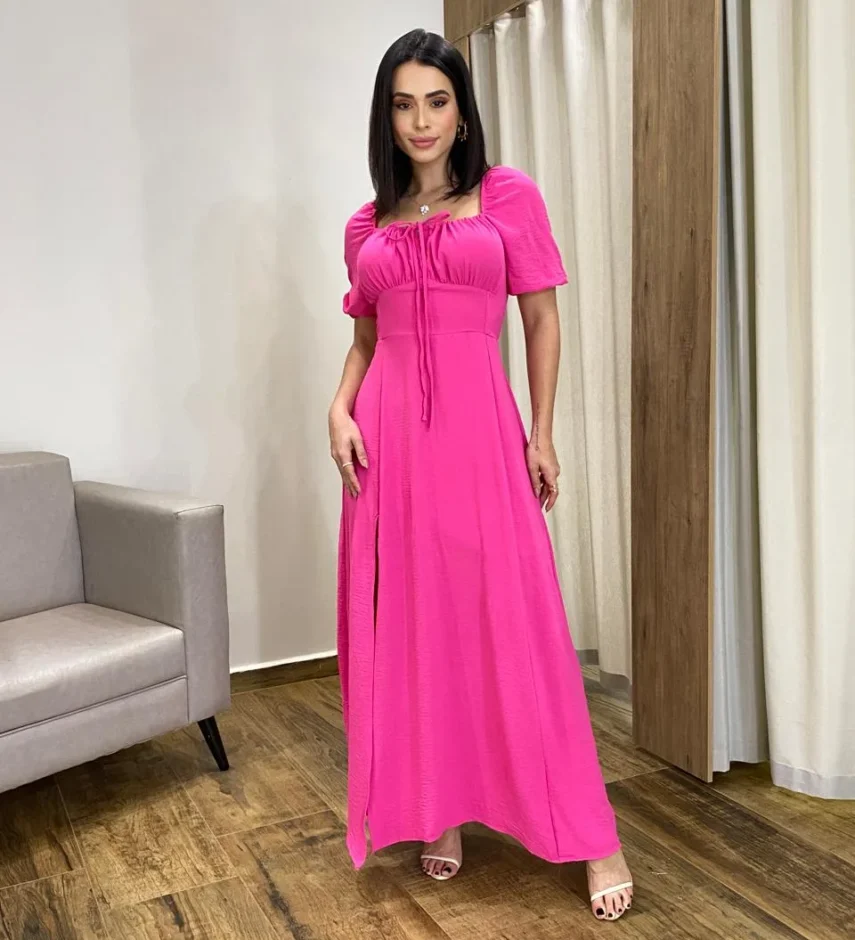 Vestido Longo sem Bojo Pink Manga Princesa Abertura Lateral - Fernanda Ramos Store