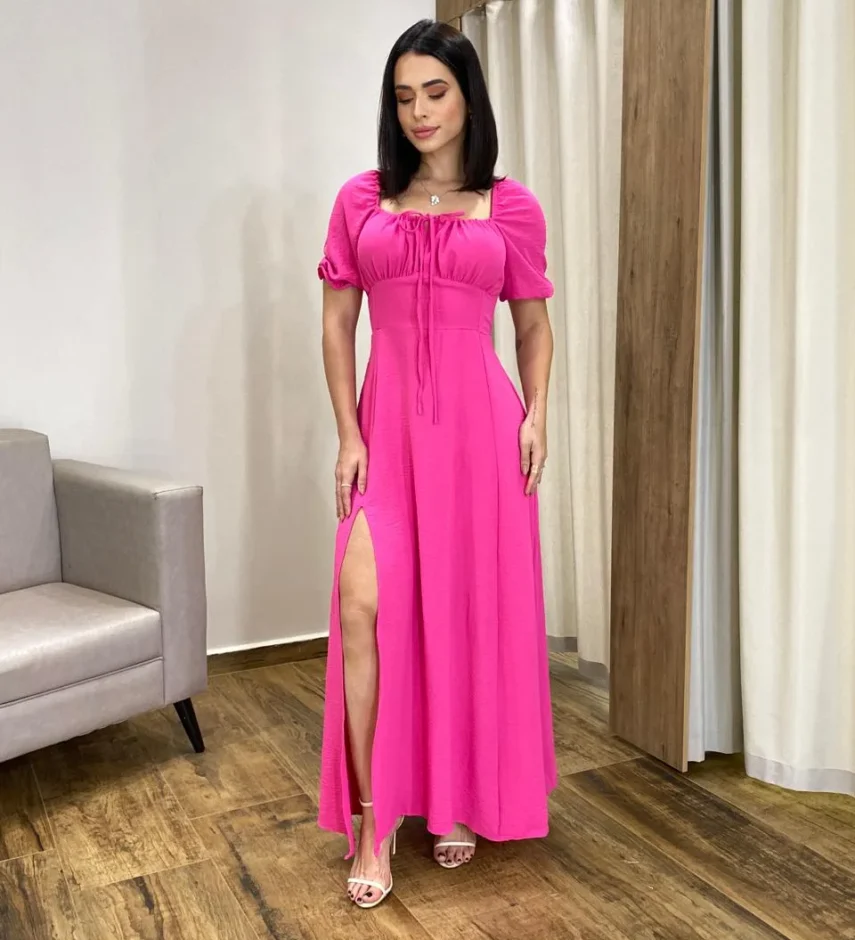 Vestido Longo sem Bojo Pink Manga Princesa Abertura Lateral - Fernanda Ramos Store