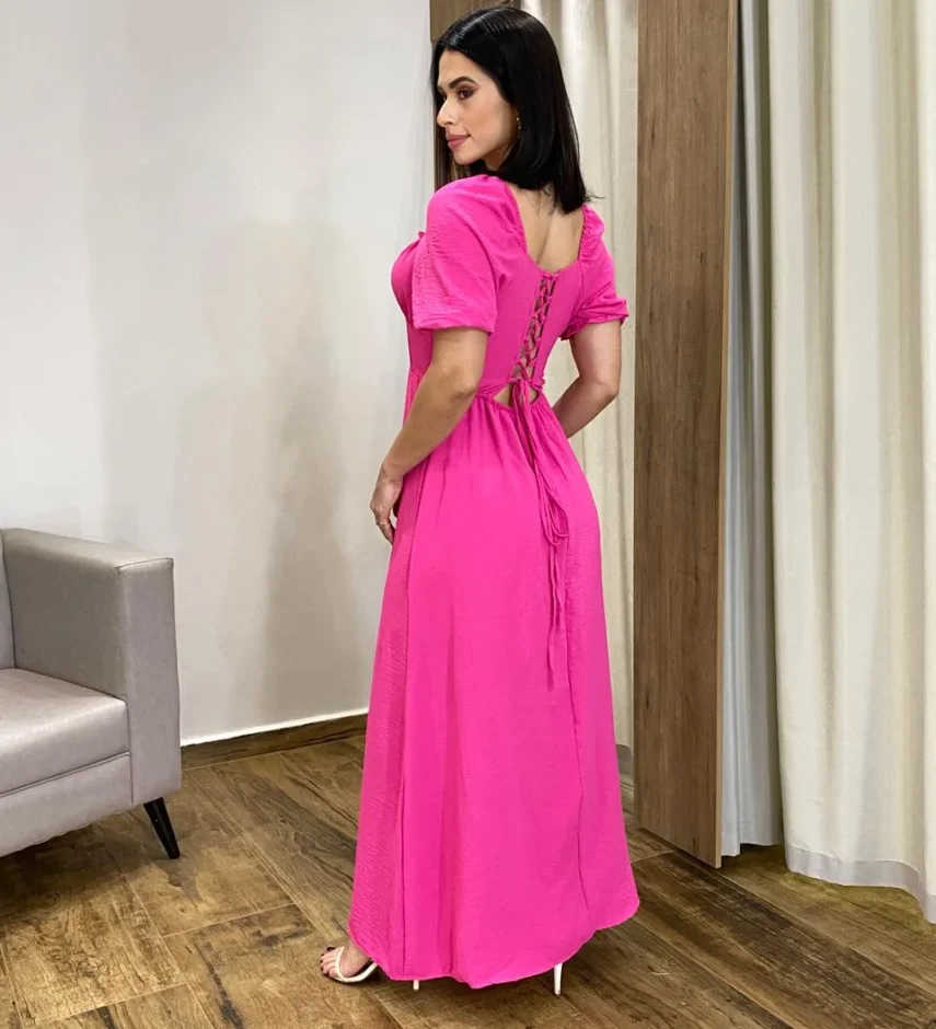 Vestido Longo sem Bojo Pink Manga Princesa Abertura Lateral - Fernanda Ramos Store