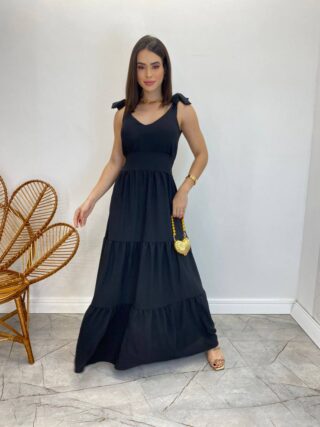 Vestido Longo Sophia Preto com Bojo e Amarração nas Alças - Fernanda Ramos Store