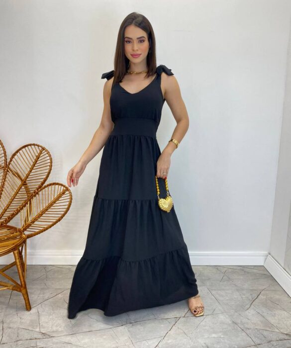 Vestido Longo Sophia Preto com Bojo e Amarração nas Alças - Fernanda Ramos Store