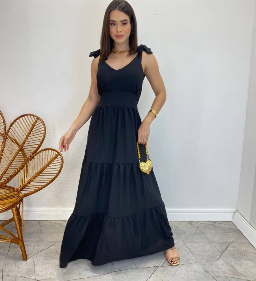 Vestido Longo Sophia Preto com Bojo e Amarração nas Alças - Fernanda Ramos Store