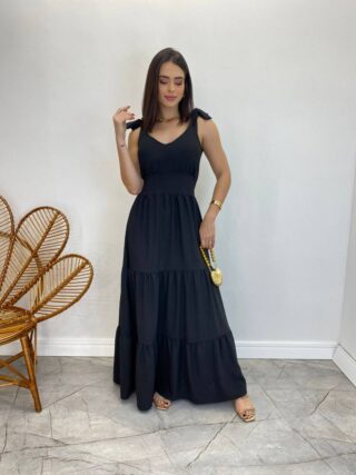 Vestido Longo Sophia Preto com Bojo e Amarração nas Alças - Fernanda Ramos Store