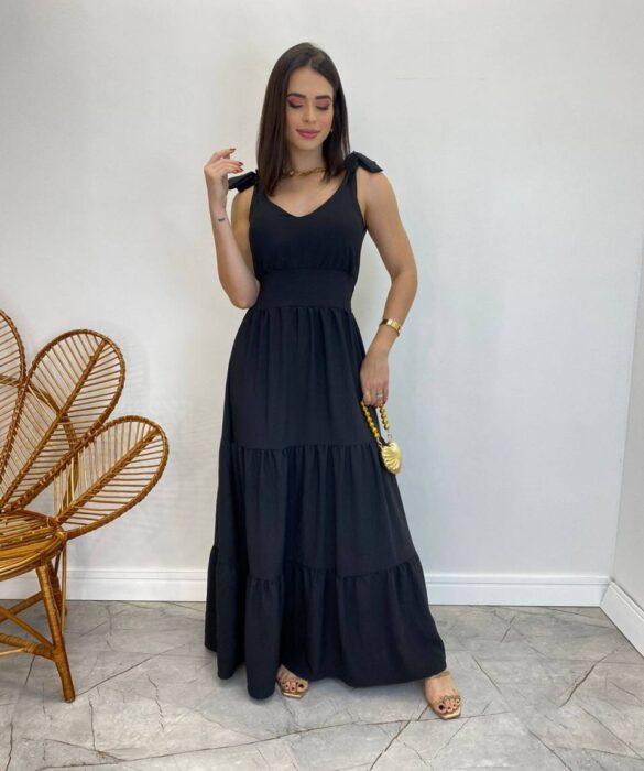 Vestido Longo Sophia Preto com Bojo e Amarração nas Alças - Fernanda Ramos Store