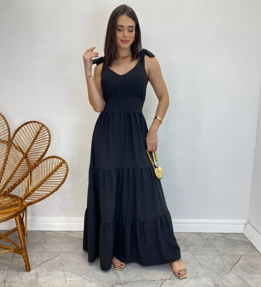 Vestido Longo Sophia Preto com Bojo e Amarração nas Alças - Fernanda Ramos Store