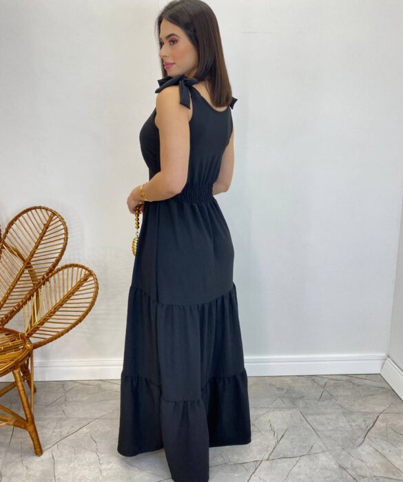 Vestido Longo Sophia Preto com Bojo e Amarração nas Alças - Fernanda Ramos Store