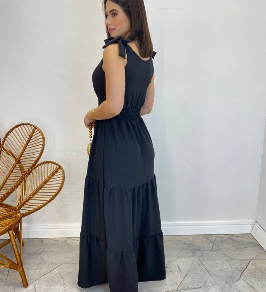 Vestido Longo Sophia Preto com Bojo e Amarração nas Alças - Fernanda Ramos Store