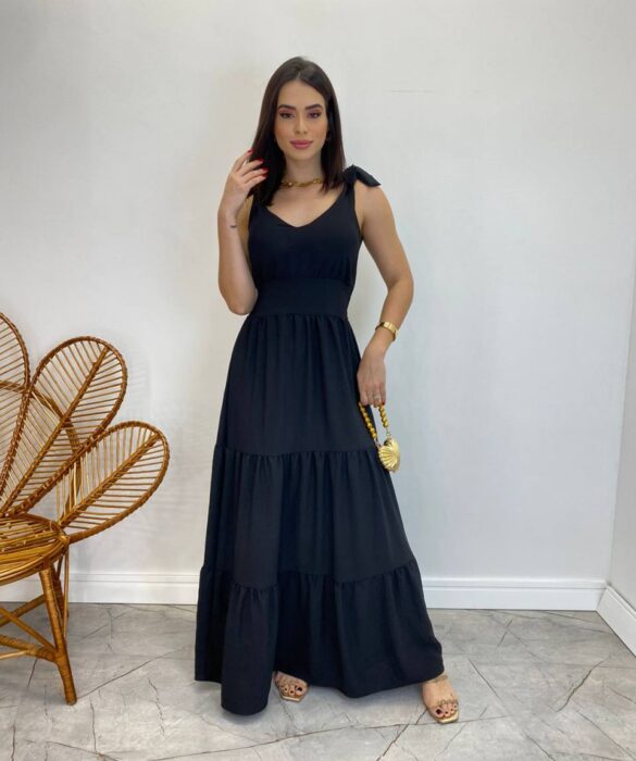 Vestido Longo Sophia Preto com Bojo e Amarração nas Alças - Fernanda Ramos Store