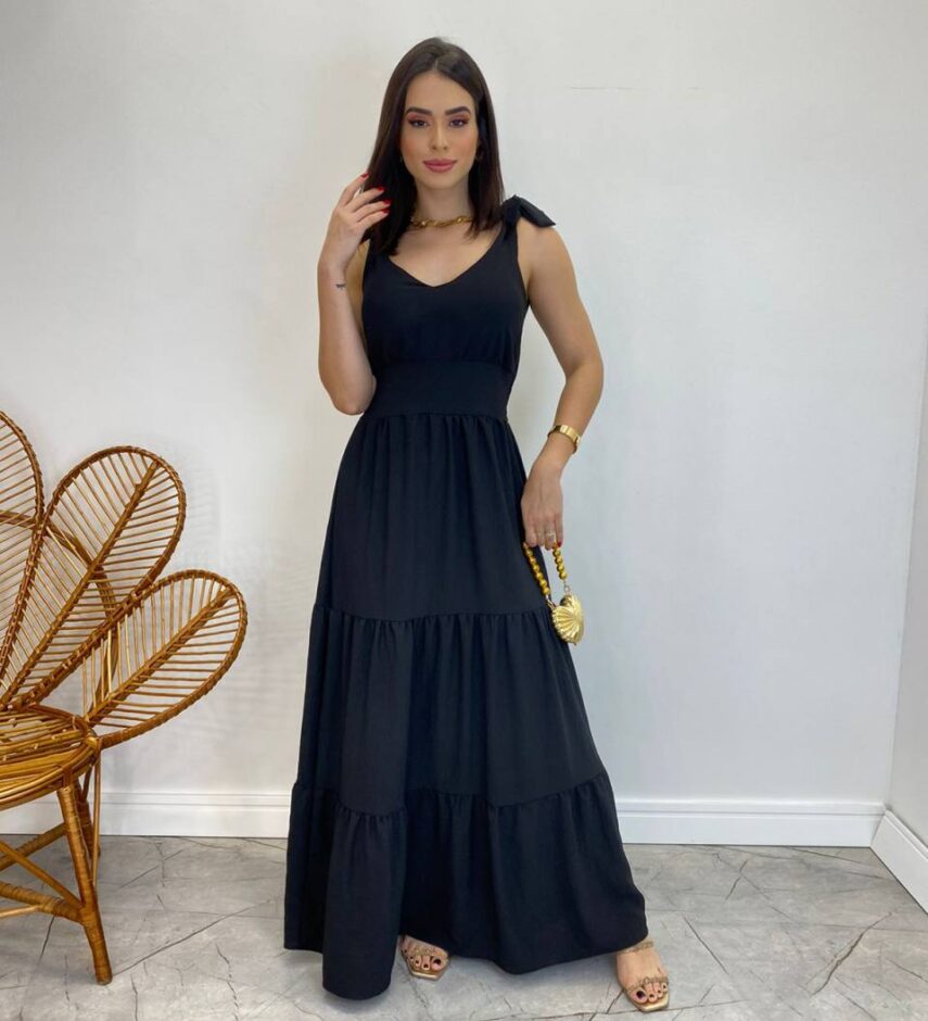 Vestido Longo Sophia Preto com Bojo e Amarração nas Alças - Fernanda Ramos Store