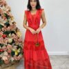 Vestido Longo Sophia sem Bojo com Detalhes Bordados Vermelho - Fernanda Ramos Store