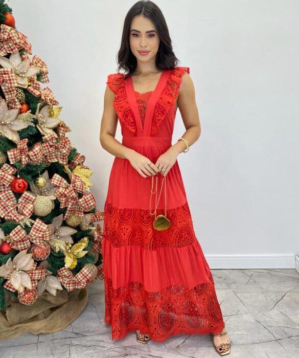 Vestido Longo Sophia sem Bojo com Detalhes Bordados Vermelho - Fernanda Ramos Store