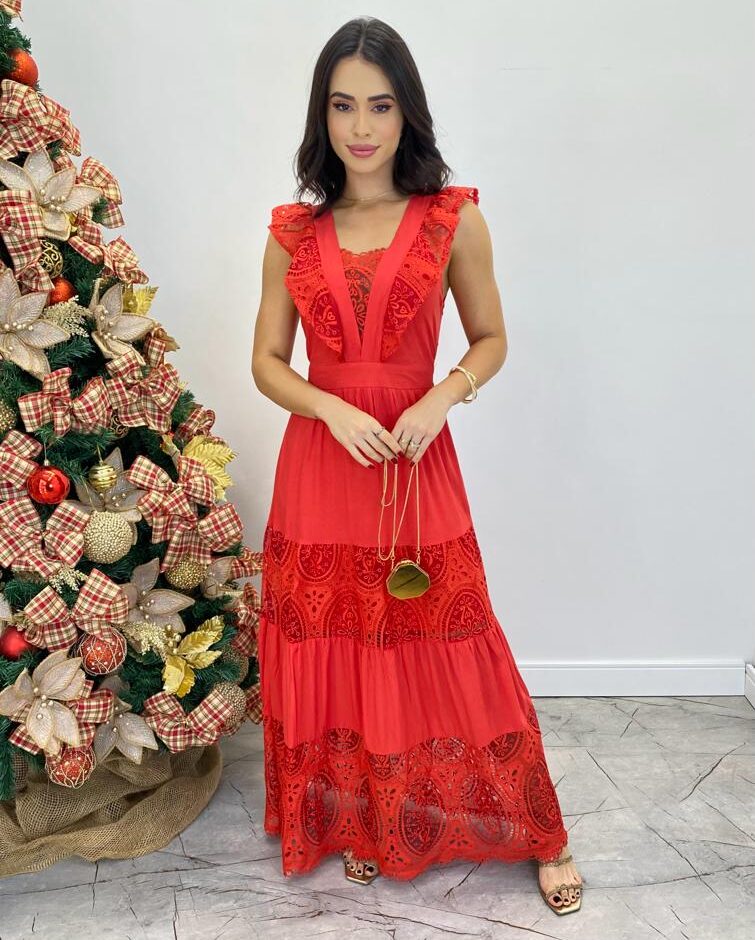 Vestido Longo Sophia sem Bojo com Detalhes Bordados Vermelho - Fernanda Ramos Store