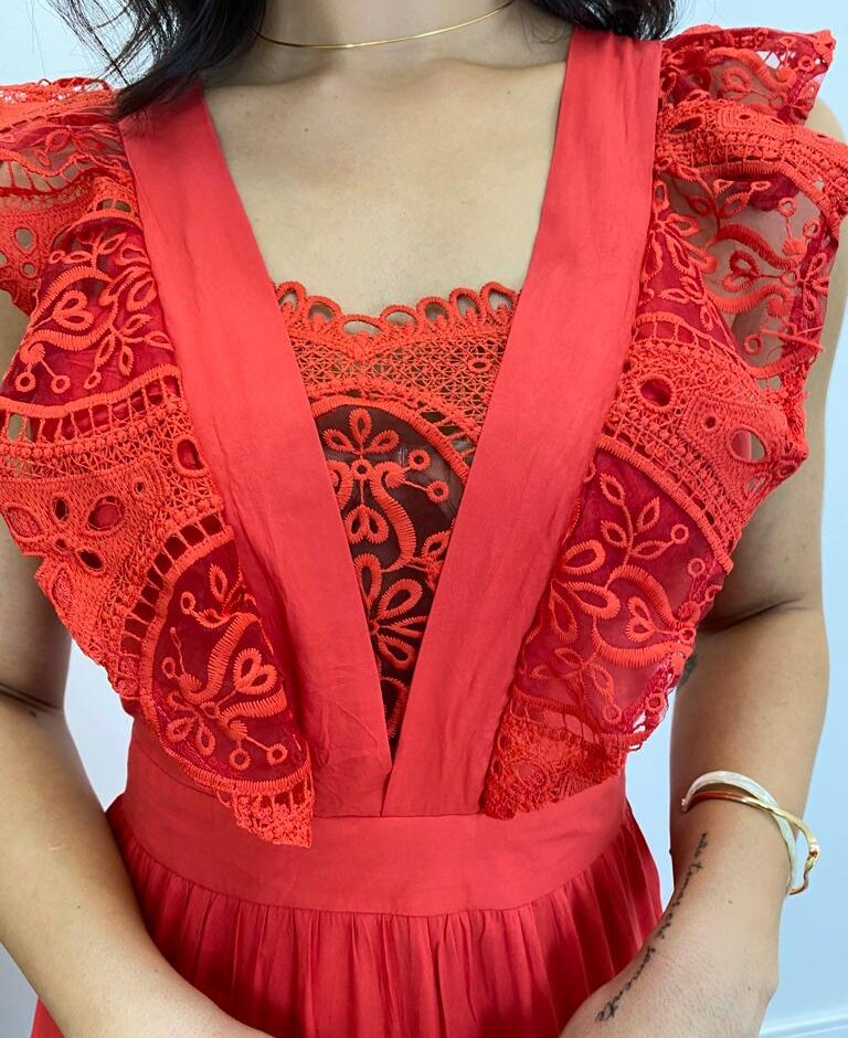 Vestido Longo Sophia sem Bojo com Detalhes Bordados Vermelho - Fernanda Ramos Store