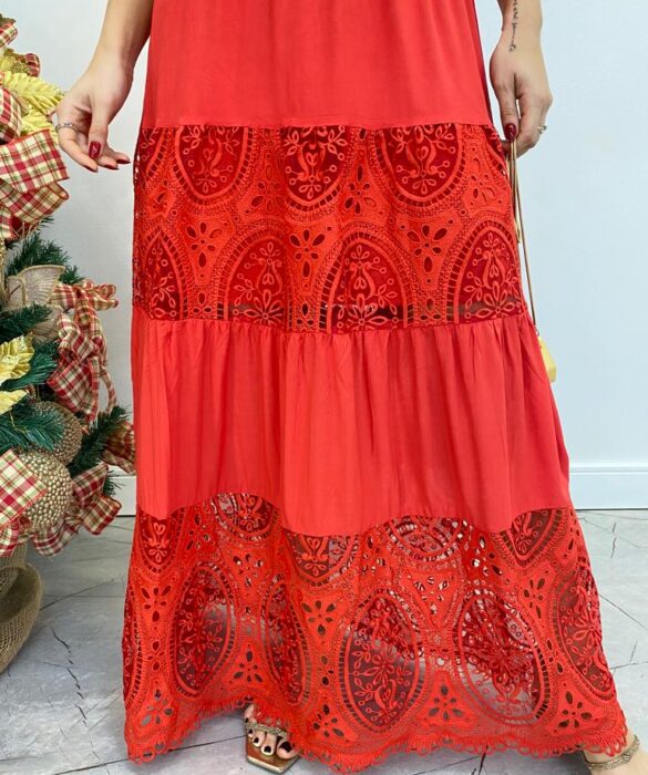 Vestido Longo Sophia sem Bojo com Detalhes Bordados Vermelho - Fernanda Ramos Store